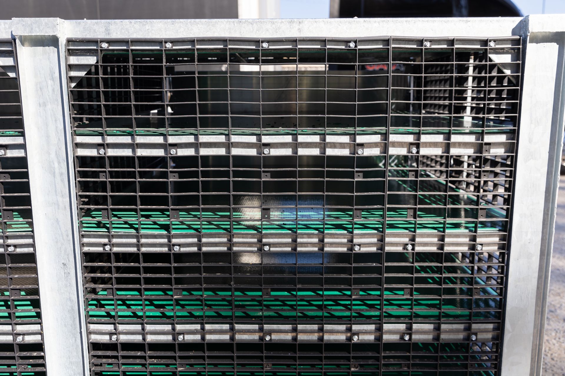 Caged containers with green objects inside, outdoors in a sunny setting. A second container is visible in the background.