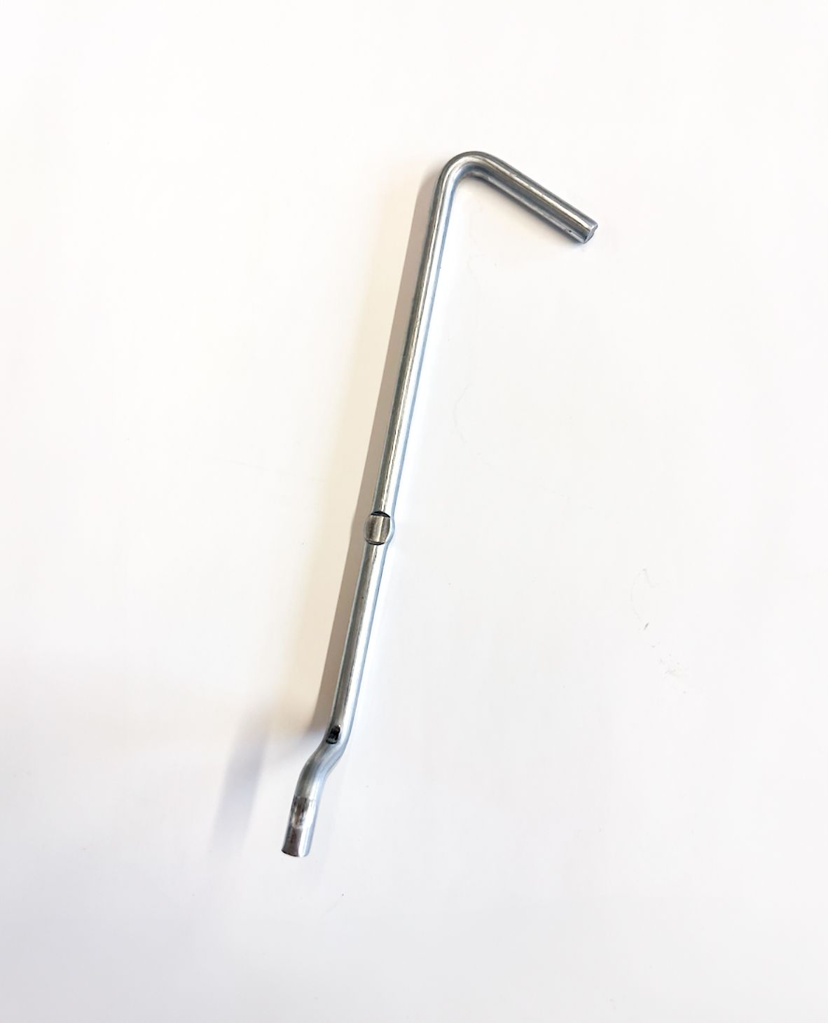 Metal, L-shaped tool, likely a crank, against a white background.