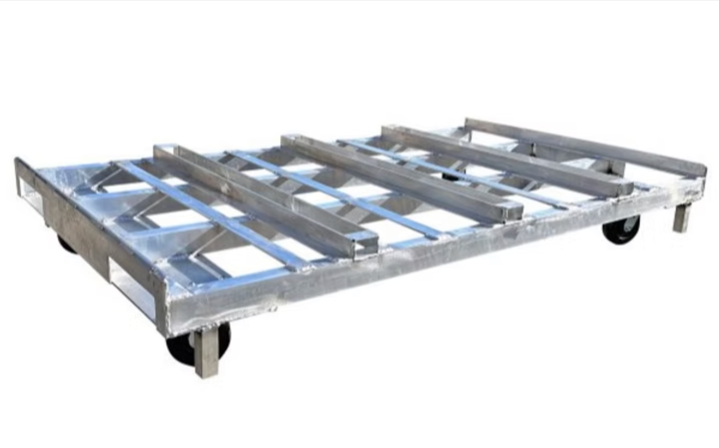 Metal cart with a flat platform and rolling wheels.