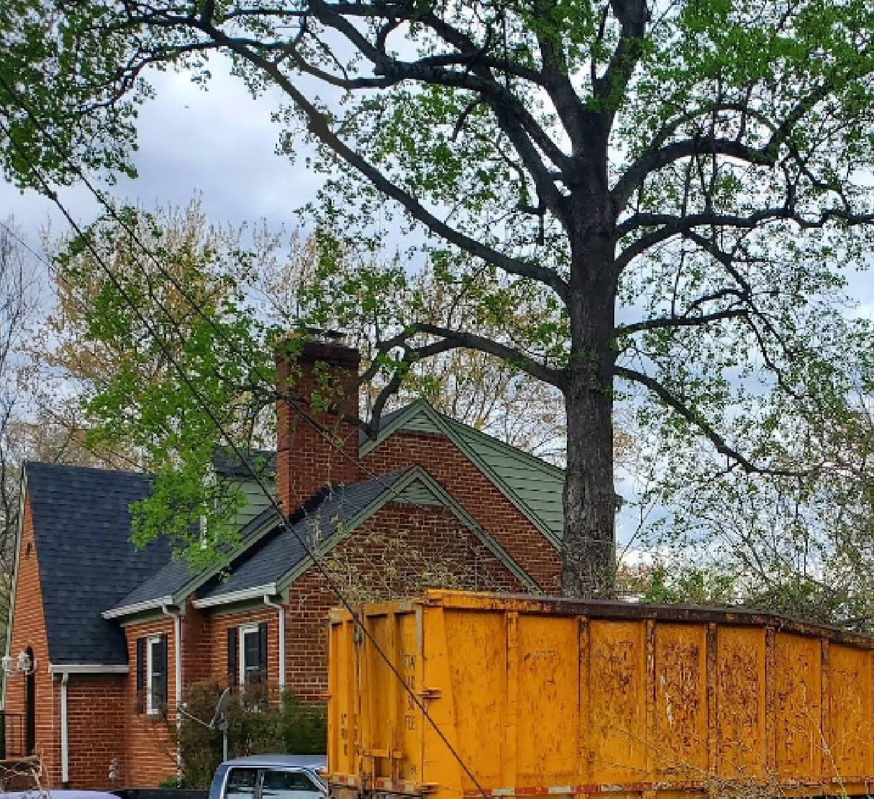 House with brick exterior and green roof, large tree, and yellow dumpster in front.