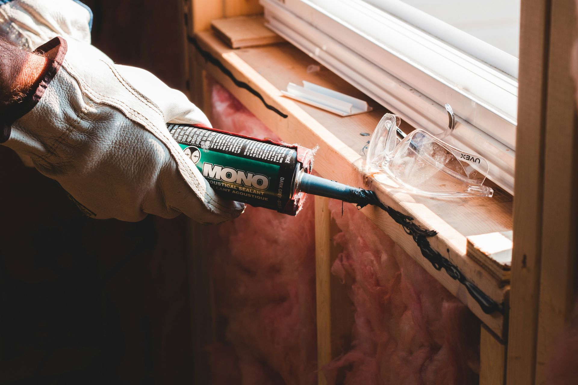 Caulking a cracked windowsill with a green caulking gun during home repair
