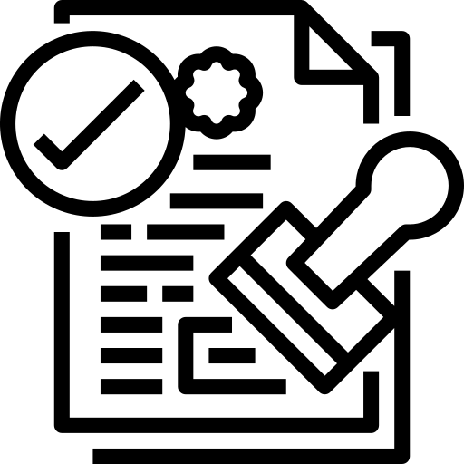 A black and white icon of a document with a stamp and a check mark.