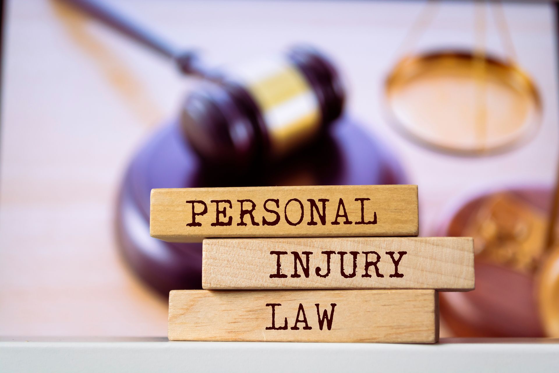Wooden blocks spell PERSONAL INJURY LAW with a gavel and scales of justice in the blurred background.