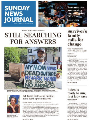 USA Today Sunday News Journal - Death at Newark Manor newspaper clipping