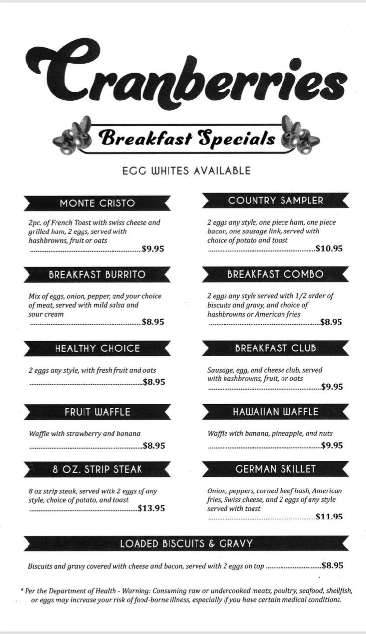 Breakfast Menu Page 2 - Jasper, IN - Cranberries Family Restaurant