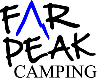 A logo for far peak camping with a blue arrow