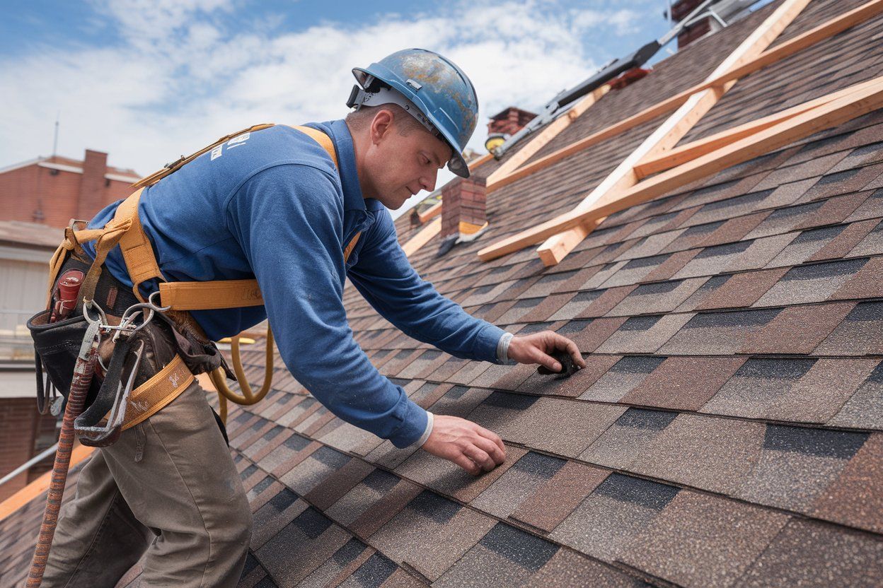 A man wearing a hard hat is working on a roof.