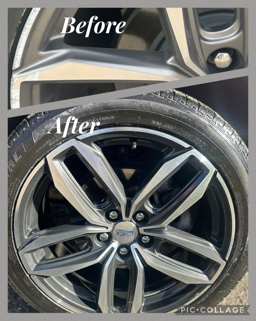 A before and after picture of a car wheel and tire.
