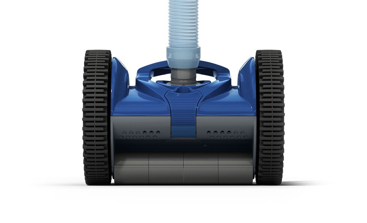 A blue and black pool vacuum cleaner with a hose attached to it.