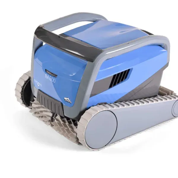 A blue and gray robotic pool cleaner with the word m600 on it