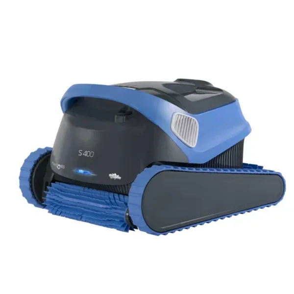 A black and blue robotic pool cleaner with the word s400 on it