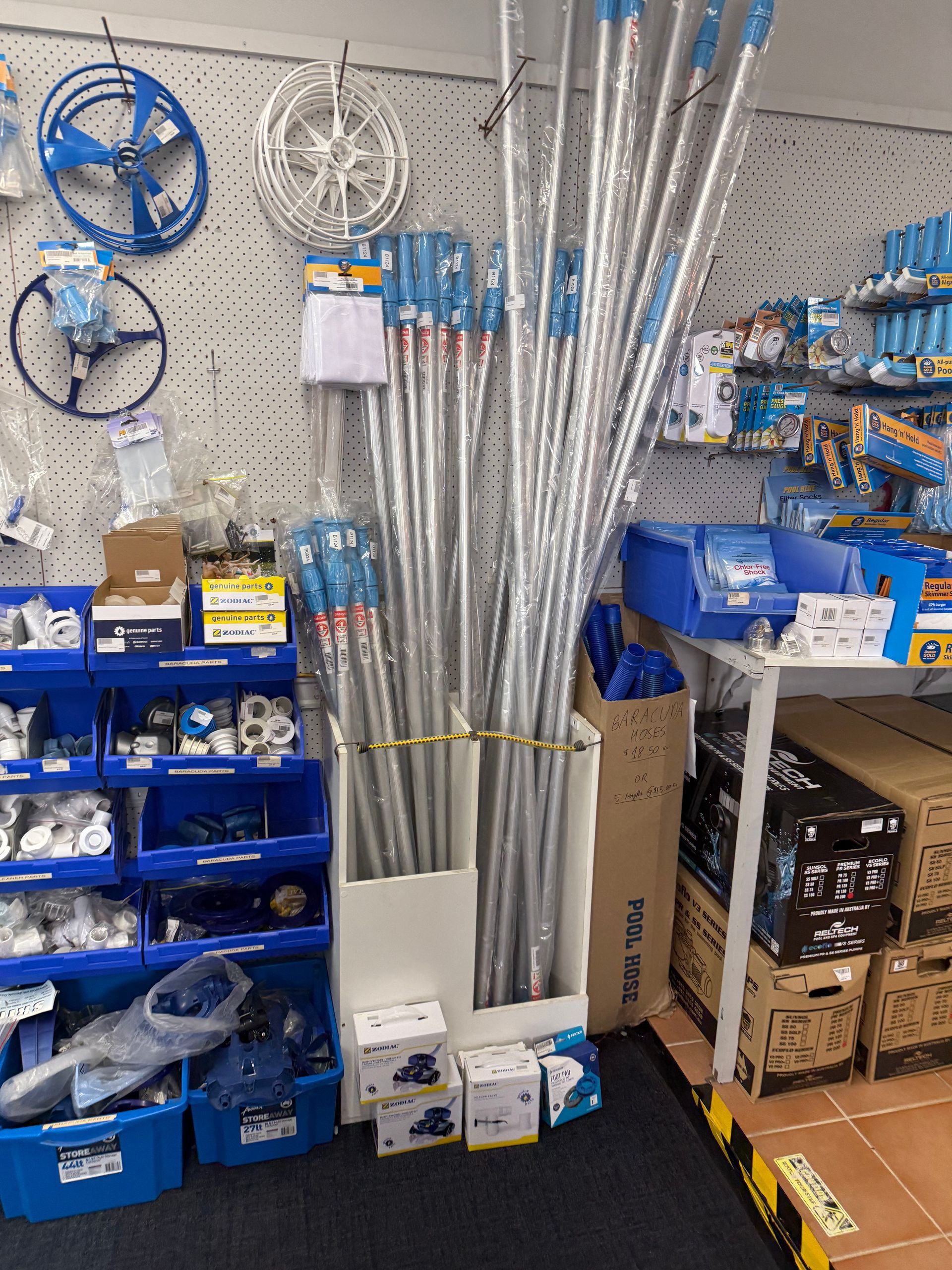 Wall of Spare Pool Parts - Kewba Pools, Erina Heights In NSW