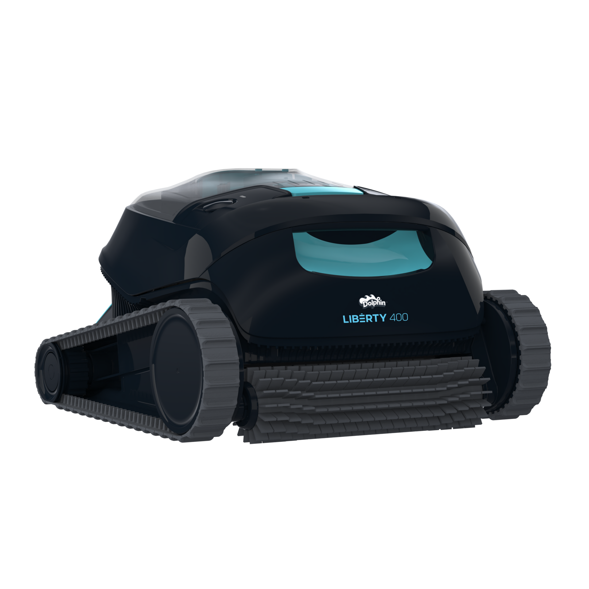 A black and blue robotic pool cleaner on a white background.