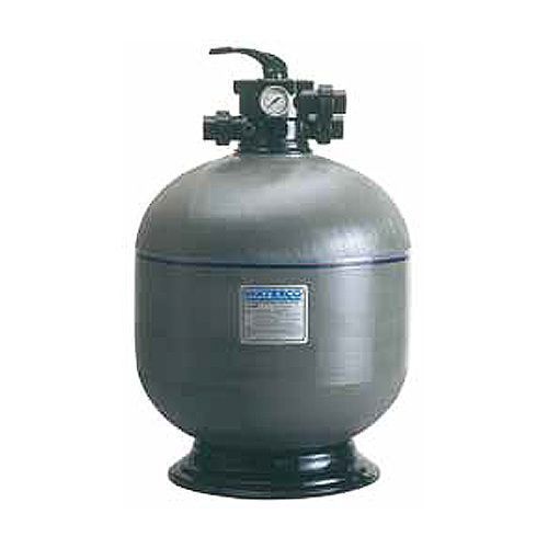 A swimming pool filter is sitting on top of a white surface.