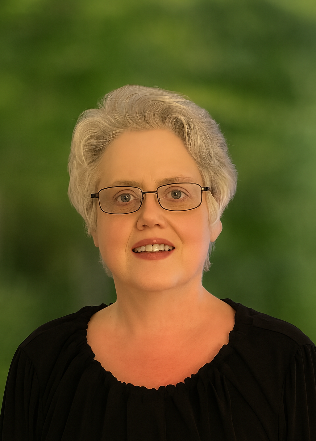 A woman wearing glasses and a black shirt smiles for the camera