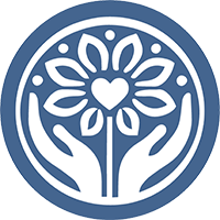 A blue circle with two hands holding a flower with a heart in the middle.