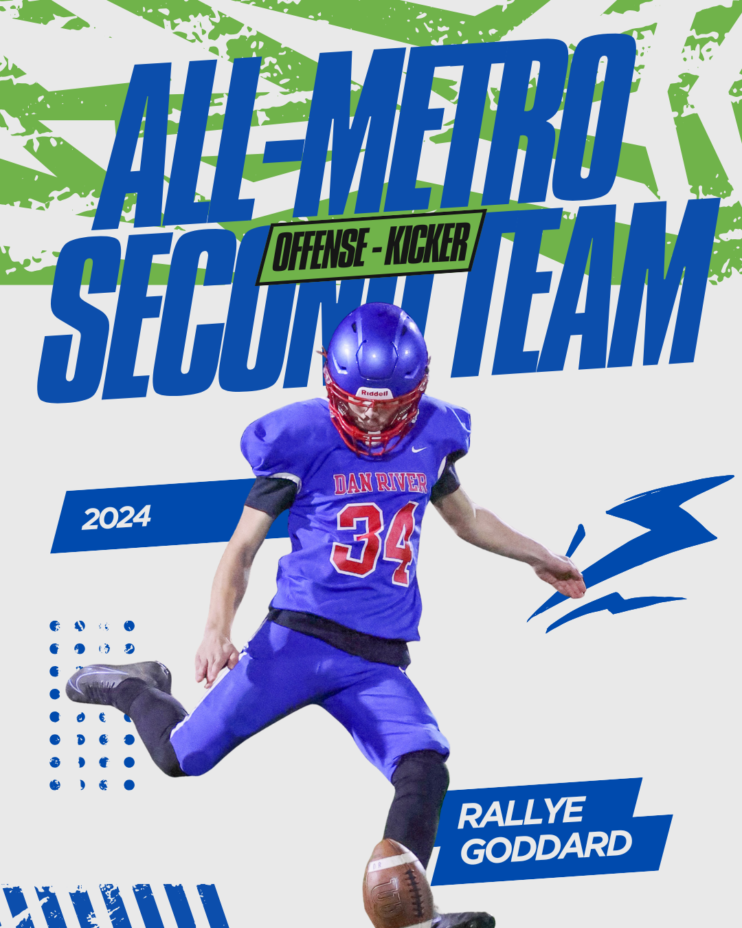 A 2024 All-Metro Second Team graphic featuring Rallye Goddard in a blue uniform kicking a football.