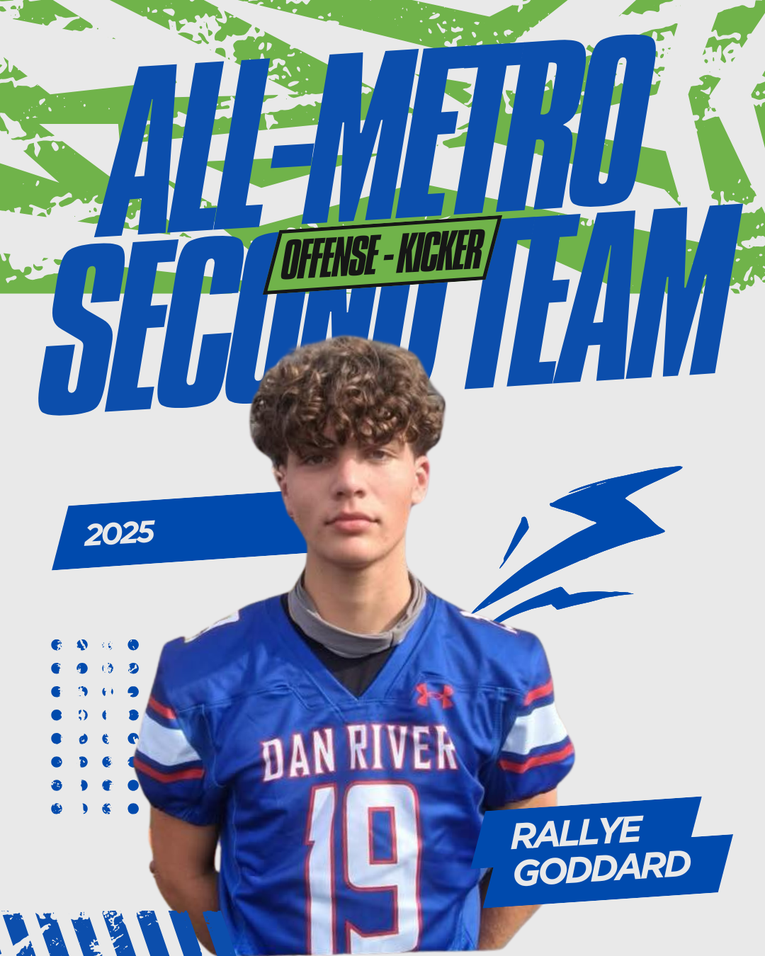 A graphic announcing Rallye Goddard as a 2025 All-Metro Second Team kicker for the Dan River team, featuring his portrait.