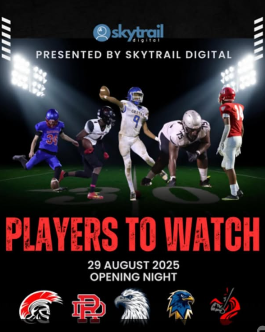 Promotional flyer for a football game on August 29, 2025, featuring five players in uniform under stadium lights.