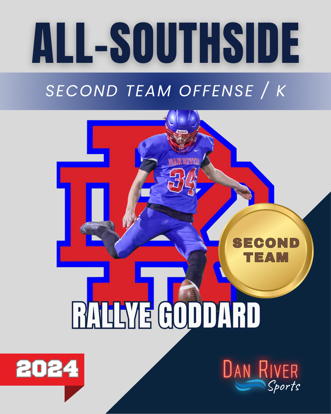 Rallye Goddard in blue uniform kicking a football for 2024 All-Southside Second Team Offense.