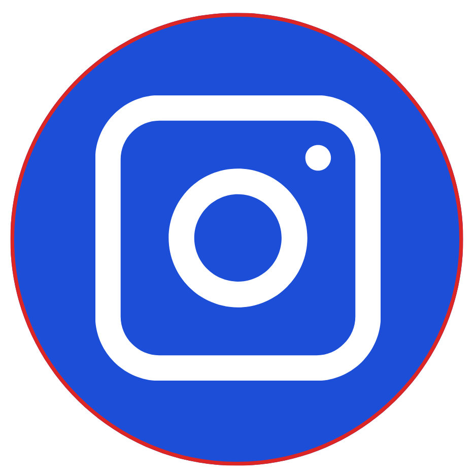 The Instagram logo, featuring a white camera icon on a blue circular background with a thin red border.
