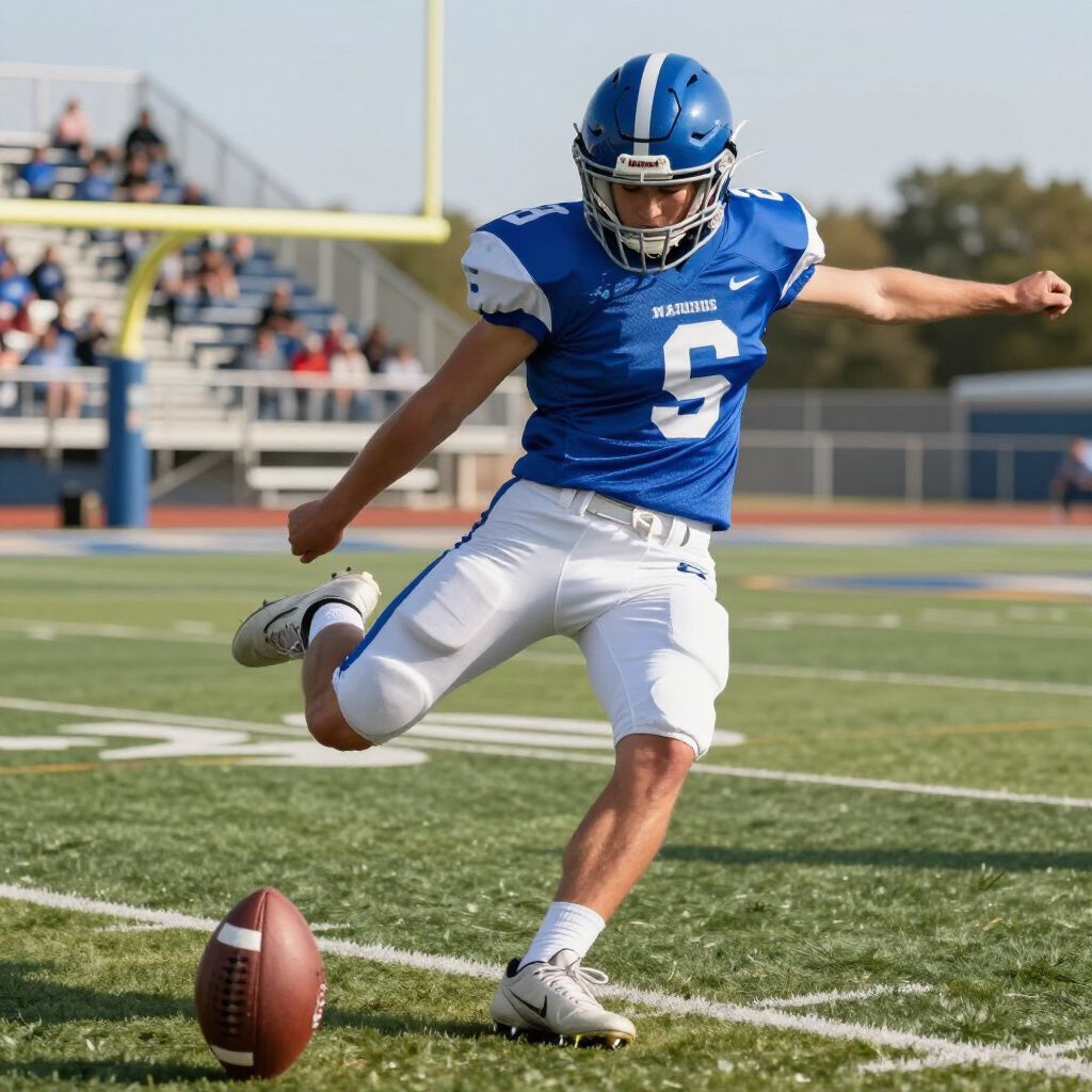 A football player in a blue uniform kicks a football on a field during a game.