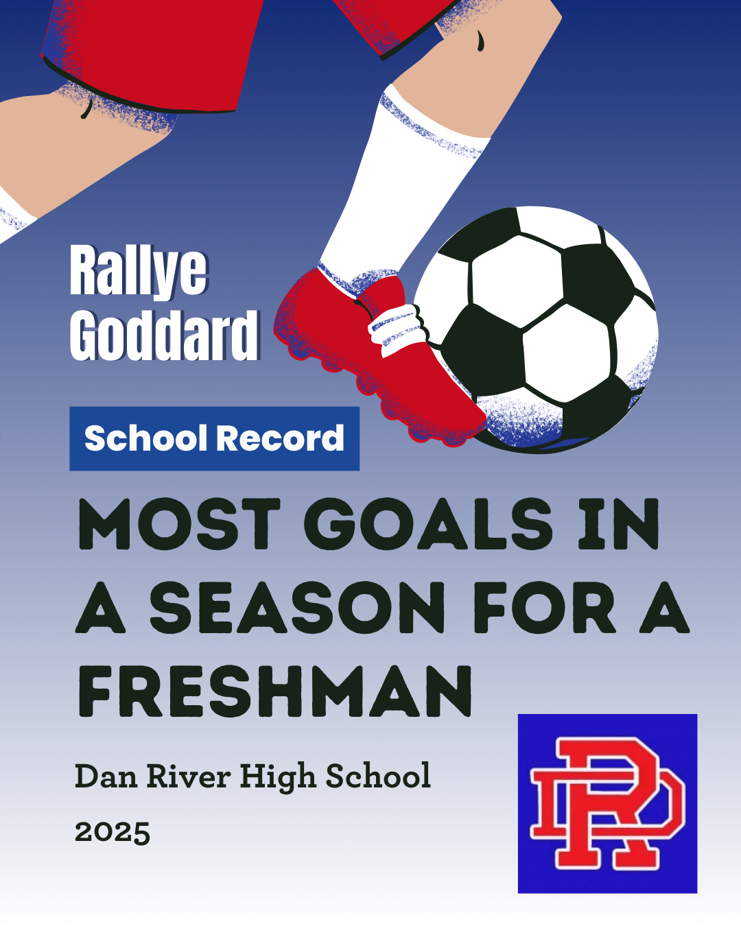 A graphic for Rallye Goddard, Dan River High School, setting a 2025 record for most goals in a season as a freshman.