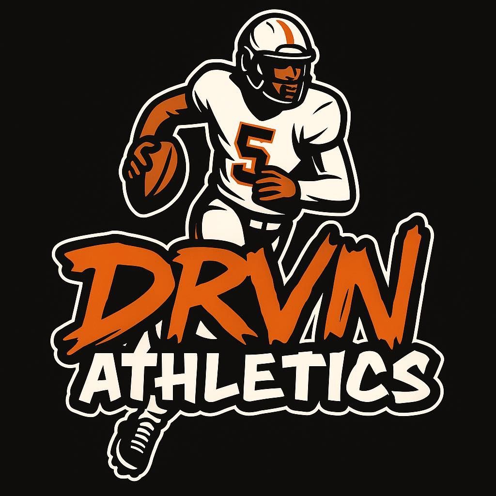 Logo for DRVN Athletics featuring a football player in a white uniform with the number 5, set against a black background.