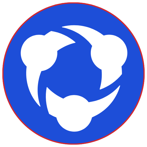 A blue circle featuring a white, stylized, three-part rotational graphic on a thin red border.