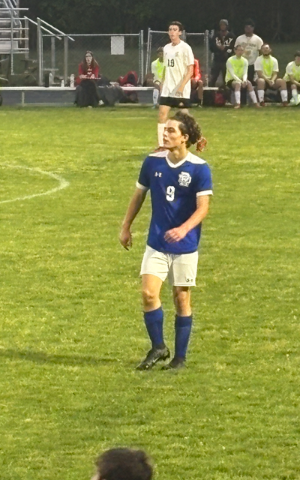 A soccer player in a blue jersey with the number 9 stands on a green field with other players in the background.