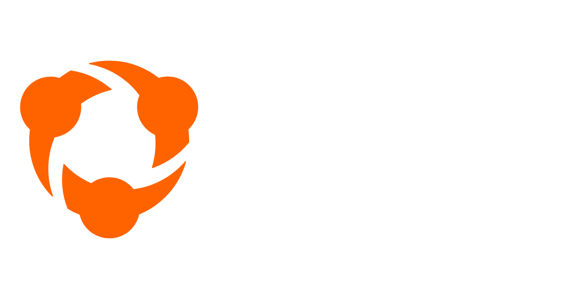 An orange logo featuring three stylized, rounded shapes arranged in a circular, flowing pattern on a white background.