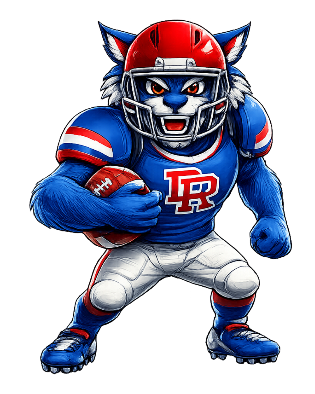 A blue anthropomorphic cat mascot in a red helmet and blue football uniform, holding a football and looking aggressive.