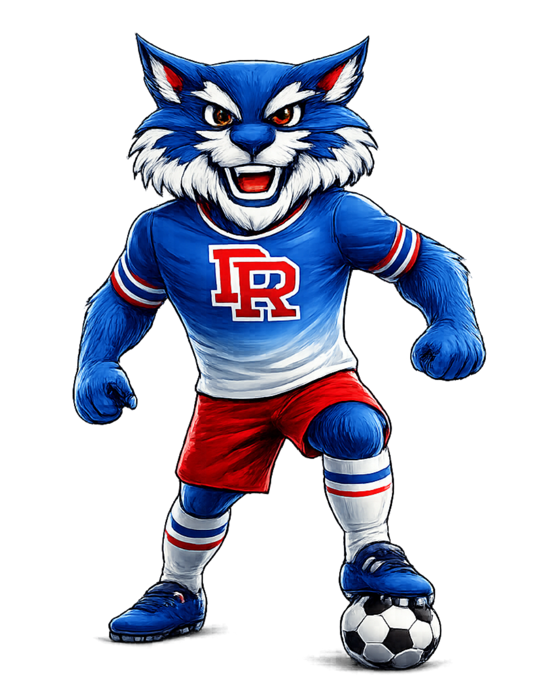 A blue wildcat mascot wearing a blue and white 