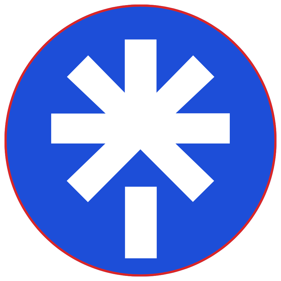 A circular blue road sign featuring a white six-pointed star shape with a vertical line extending from the bottom.