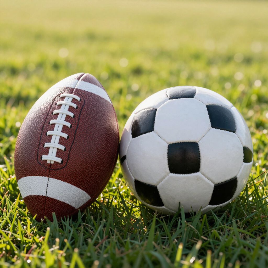 An American football and a soccer ball side-by-side on green grass.