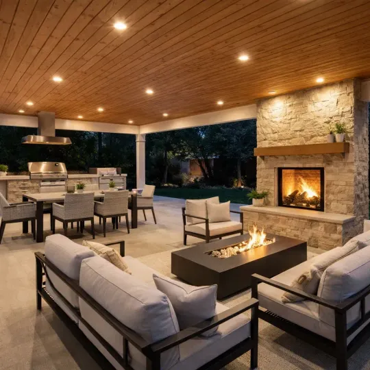 Covered outdoor patio with seating, dining table, fireplace, and fire pit at dusk