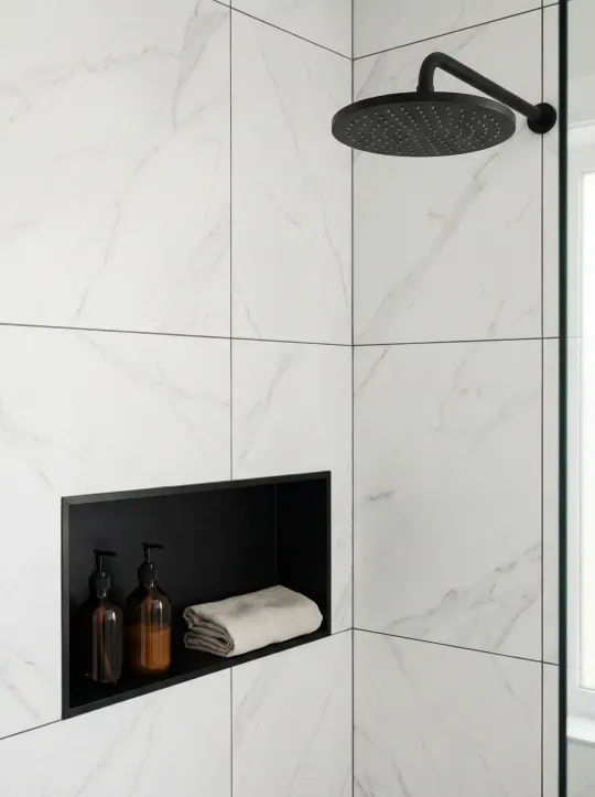 Modern shower with black rainfall head and recessed shelf holding bottles and towels