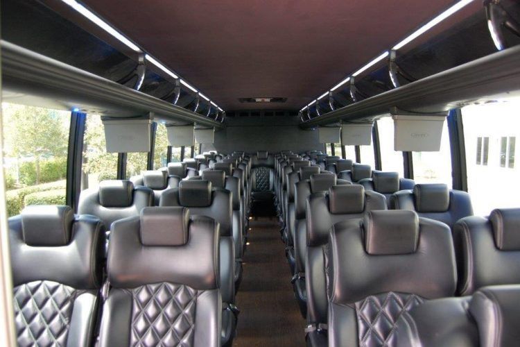 Interior of a bus with rows of black leather seats. Overhead are luggage compartments and metal bars. The ceiling is dark.