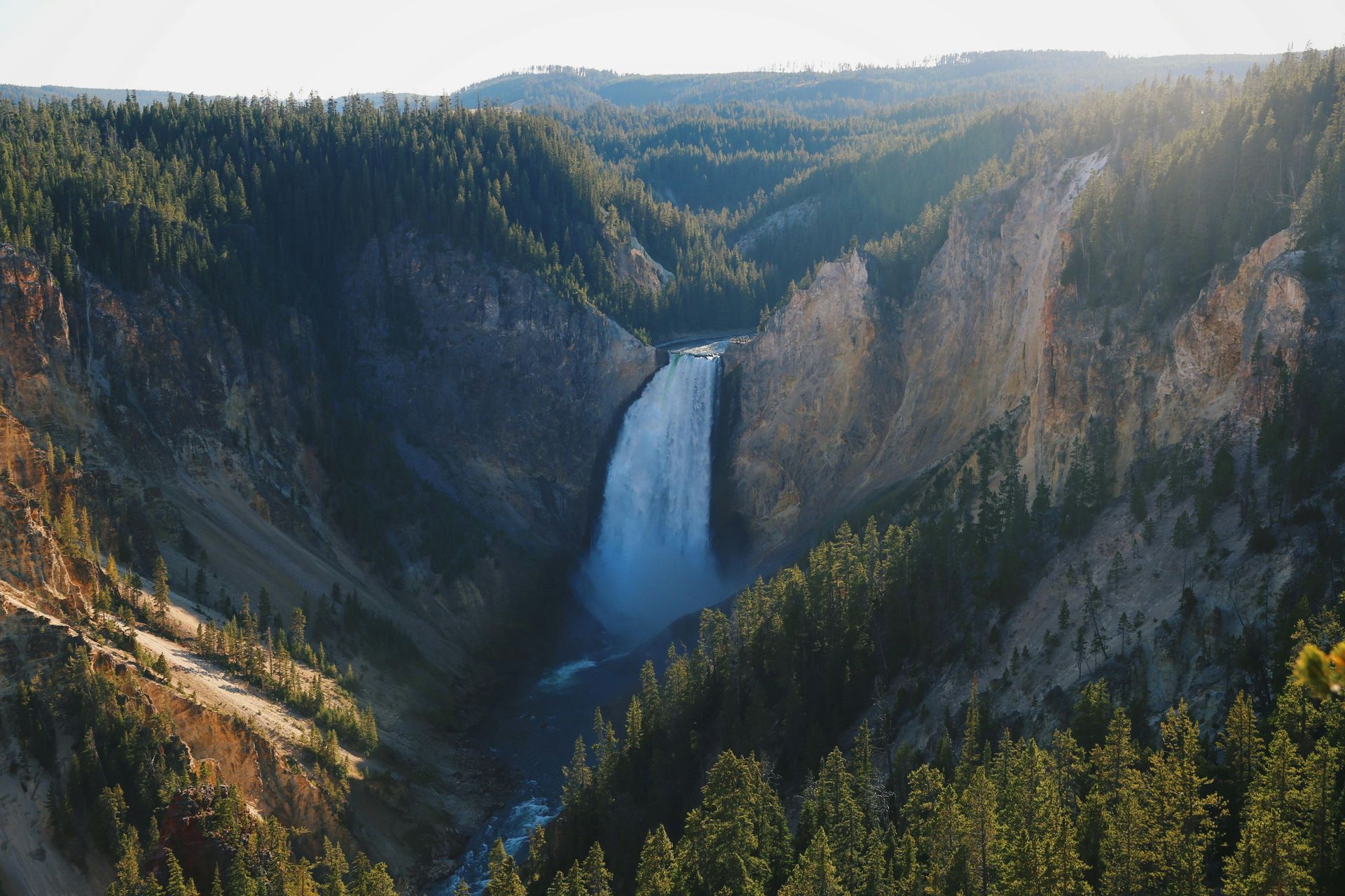 Waterfall cascading into a deep canyon, surrounded by evergreen trees and sunlight.