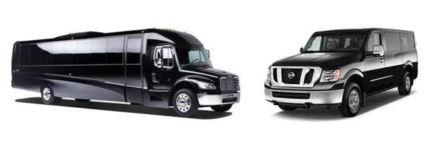Black limo bus and black SUV on a white background.