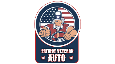 Patriot Veteran Auto logo with Uncle Sam, American flag background, and clenched fists in a circular badge