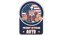 Patriot Veteran Auto logo with Uncle Sam, American flag background, and clenched fists in a circular badge