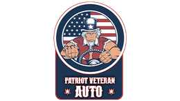 Patriot Veteran Auto logo with Uncle Sam, American flag background, and clenched fists in a circular badge