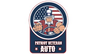 Patriot Veteran Auto logo with Uncle Sam, American flag background, and clenched fists in a circular badge