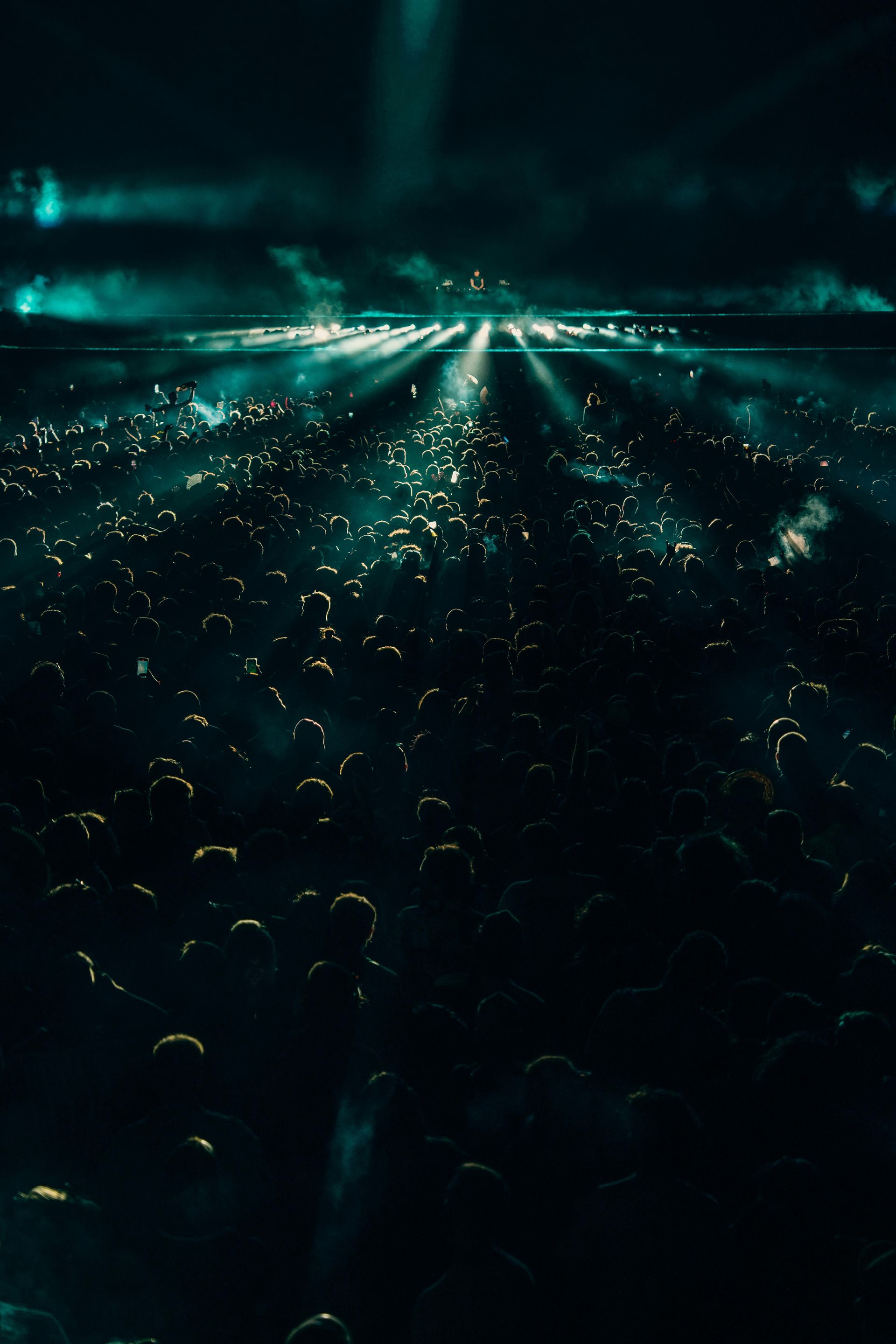 A crowd of people are watching a concert at night.