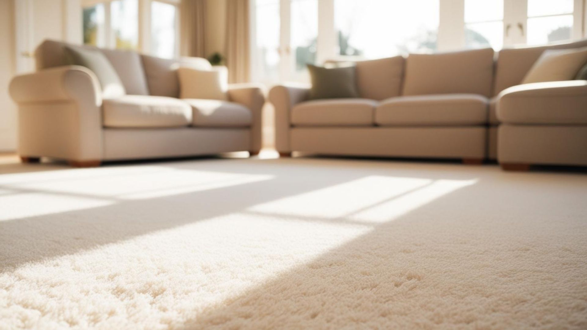 Sunlit beige living room with sofas and a carpeted floor