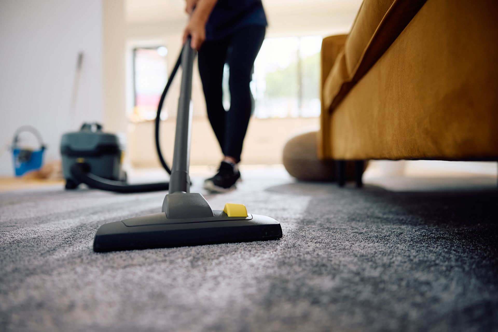 Person vacuuming a carpeted living room beside a sofa.