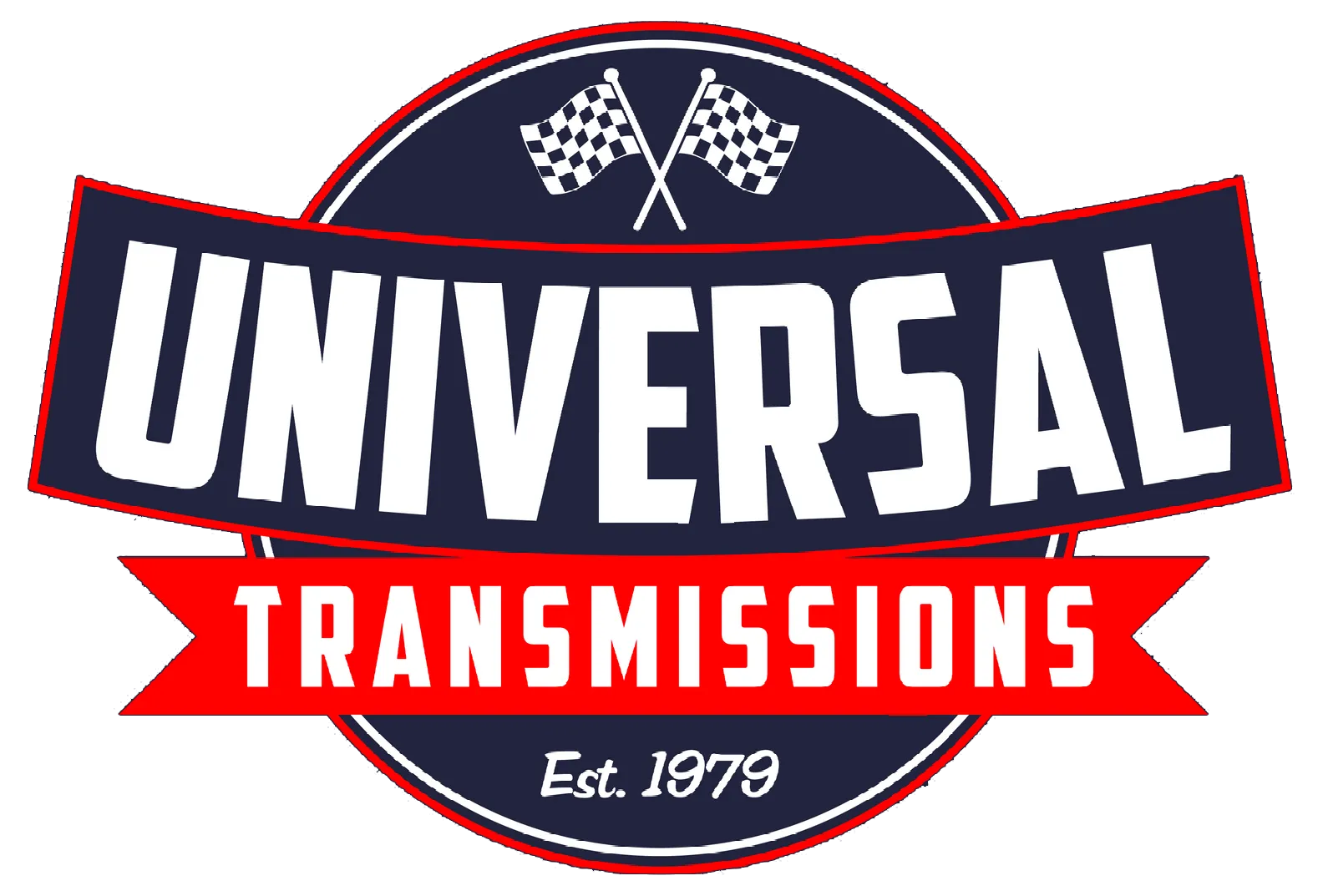Logo for Universal Transmissions, blue, red, and white; features a banner with text and checkered flags.