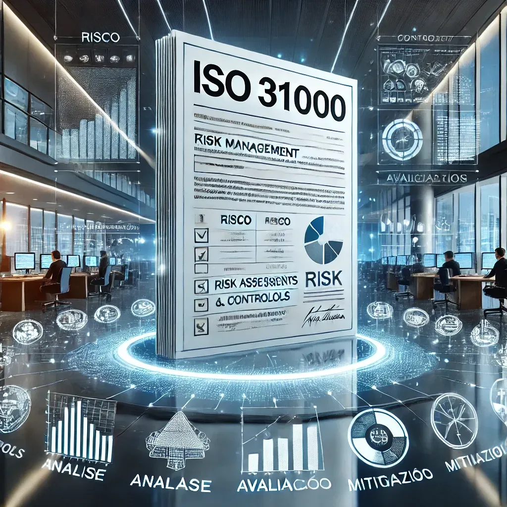 Um certificado de gerenciamento de risco iso 31000 é exibido em um escritório futurista.