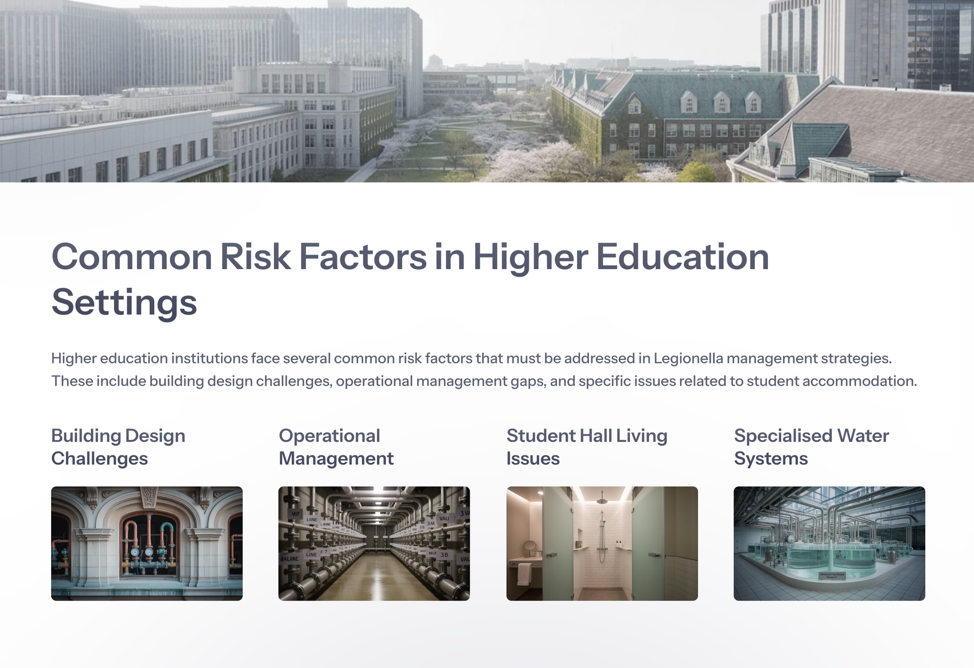 A website titled common risk factors in higher education settings